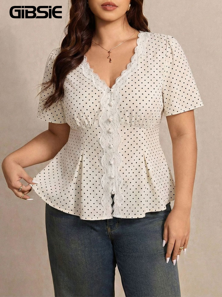 Waist Trainer Women - GIBSIE Plus Size Polka Dot Kontrast-Spitzen-Peplum-Top